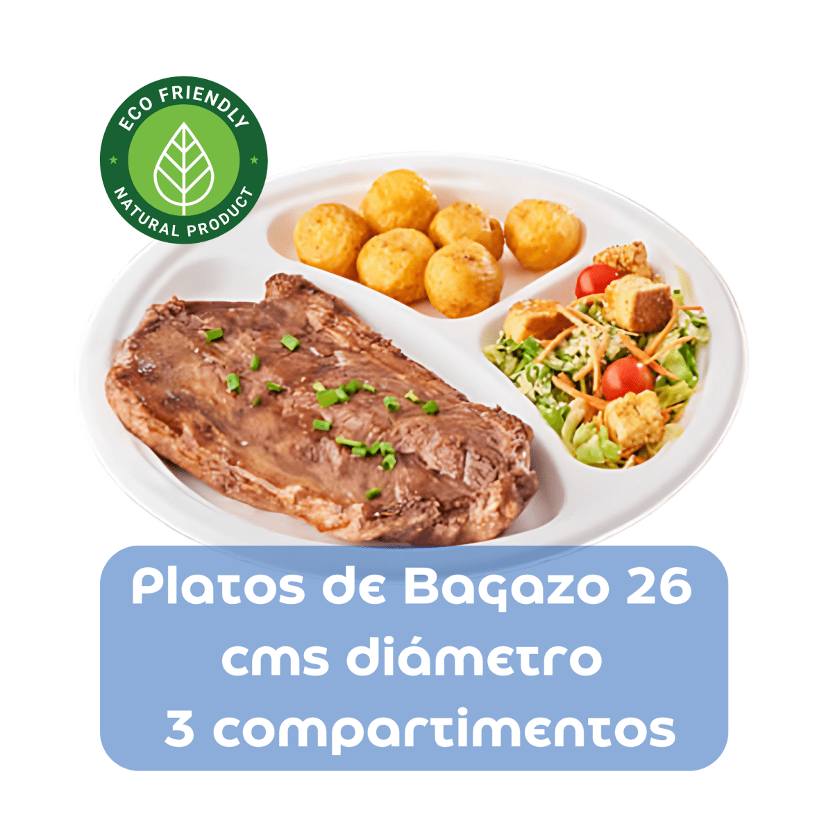 Plato De Bagazo Compostable Blanco 26 Cm 3 Div (100 Unidades) - OmniPack