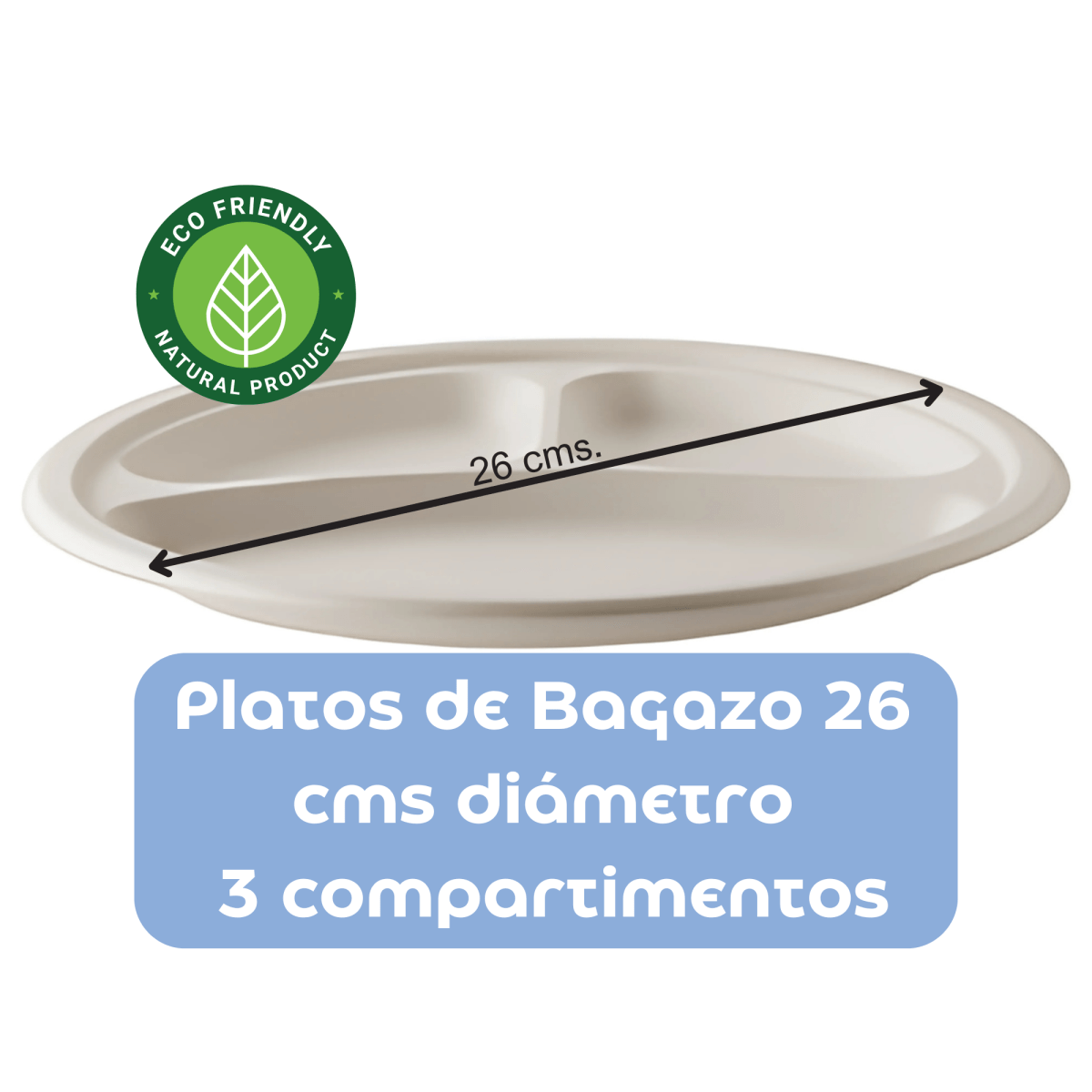 Plato De Bagazo Compostable Blanco 26 Cm 3 Div (100 Unidades) - OmniPack