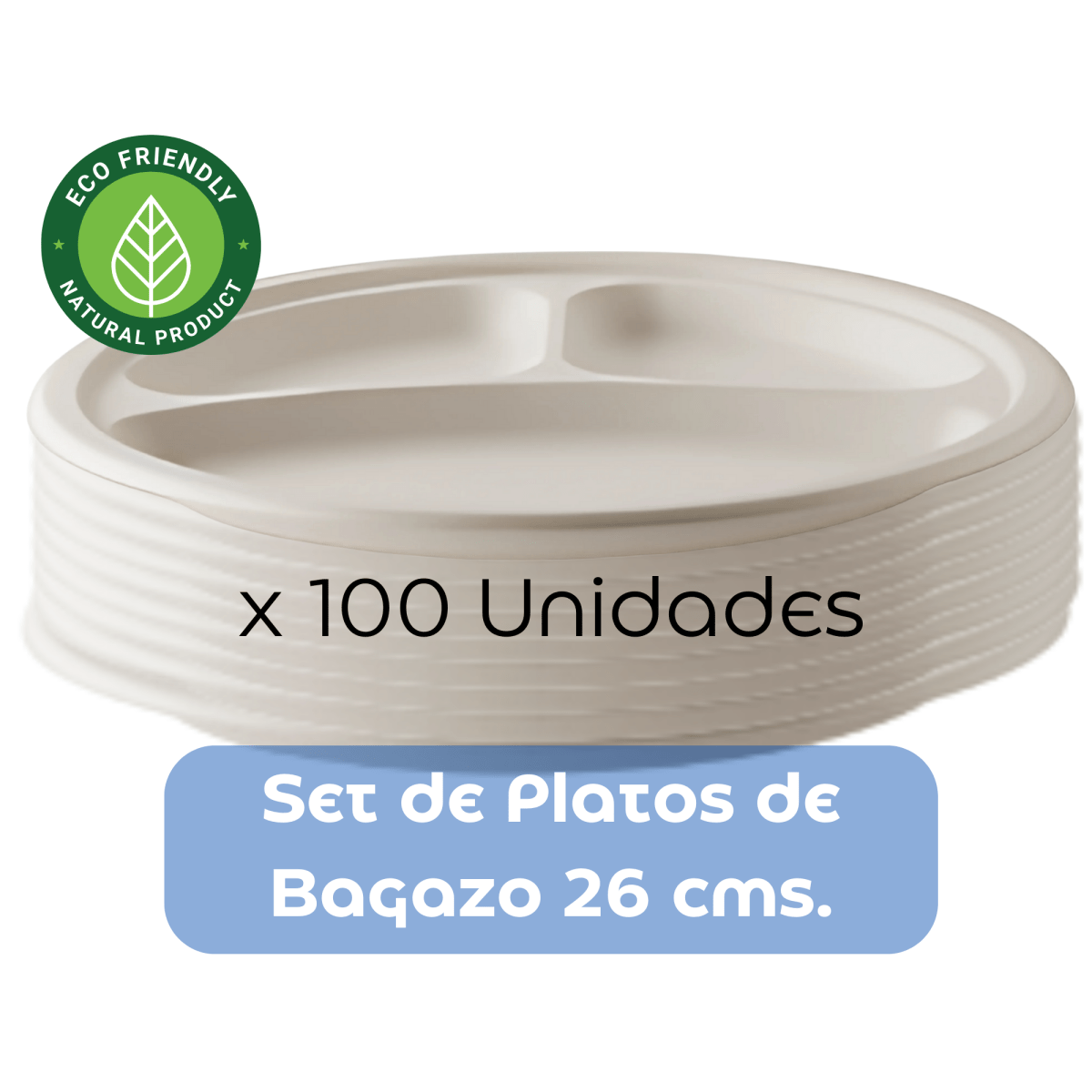 Plato De Bagazo Compostable Blanco 26 Cm 3 Div (100 Unidades) - OmniPack