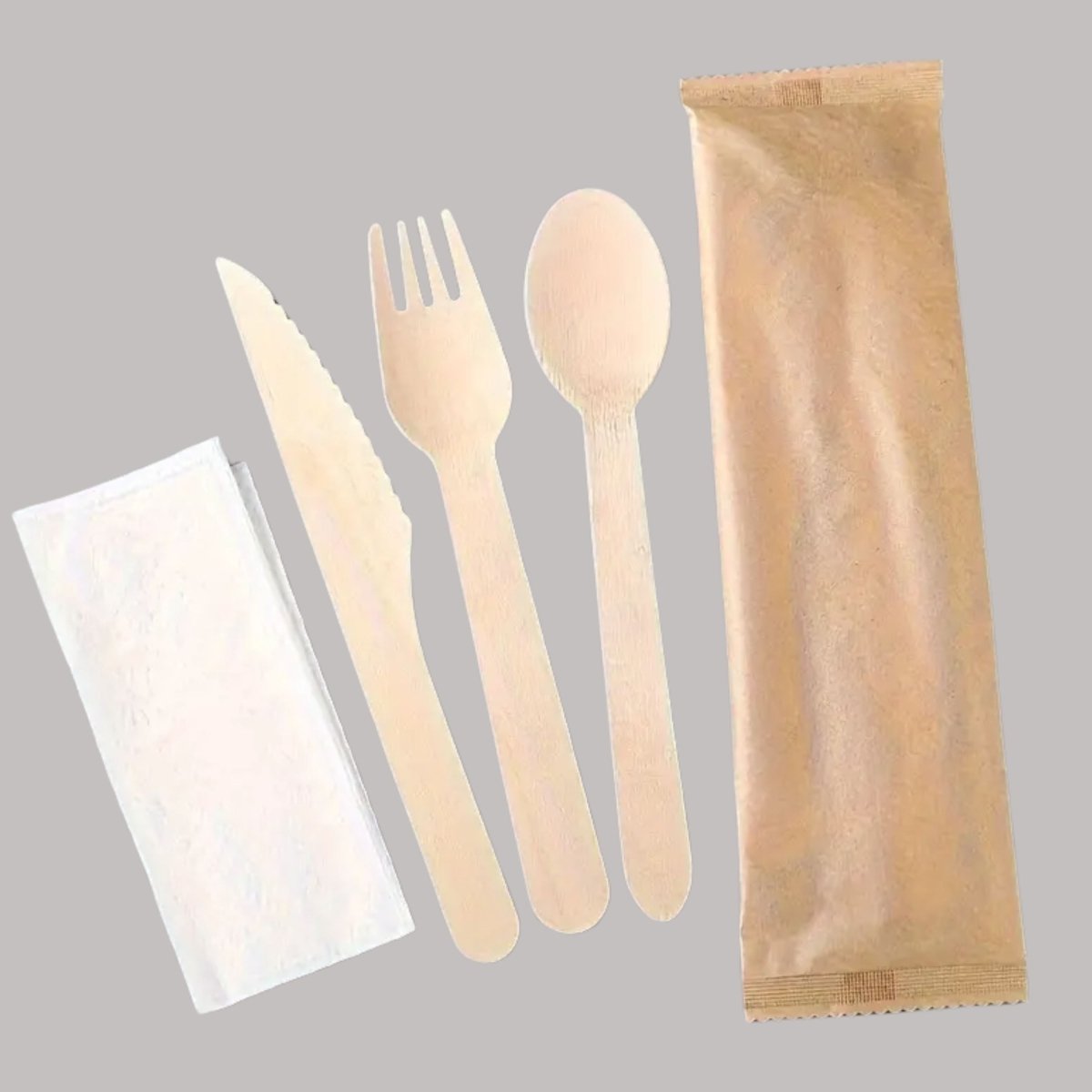 Set Madera Tenedor, Cuchillo, Cuchara y Servilleta 16 cm (250 Unidades) - OmniPack