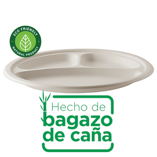 Plato De Bagazo Compostable Blanco 26 Cm 3 Div (100 Unidades) - OmniPack
