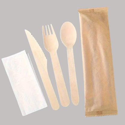 Set Madera Tenedor, Cuchillo, Cuchara y Servilleta 16 cm (250 Unidades) - OmniPack
