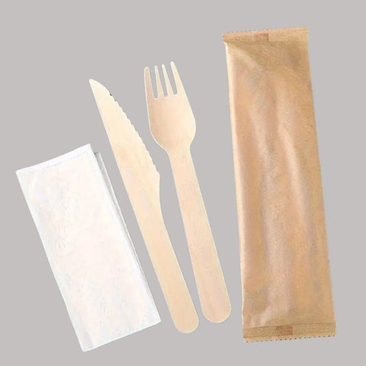 Set Madera Tenedor, Cuchillo y Servilleta 16 cm (250 Unidades) - OmniPack